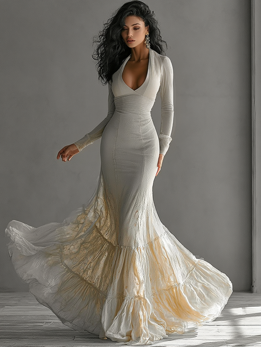 Elegant Beige Mermaid Maxi Dress for Women with V Neck Long Sleeve Tiered Ruffle Bridal Style
