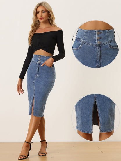 Effortless Jean Skirt for Women with High Waist Front Slit Midi Pencil Style