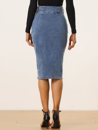 Effortless Jean Skirt for Women with High Waist Front Slit Midi Pencil Style