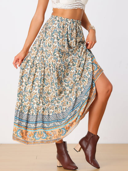 Effortless Printed Maxi Skirt for Women with High Waist Side Slit Flowing