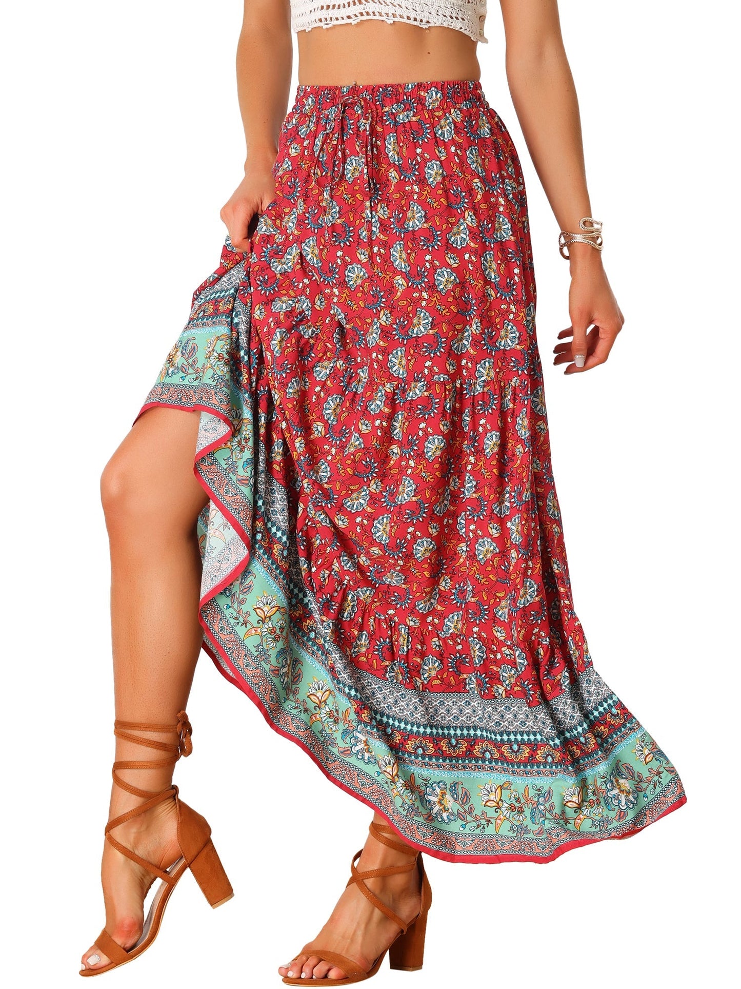 Effortless Printed Maxi Skirt for Women with High Waist Side Slit Flowing