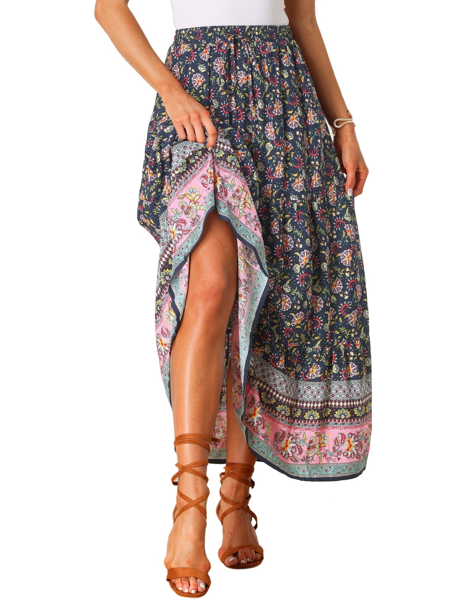 Effortless Printed Maxi Skirt for Women with High Waist Side Slit Flowing