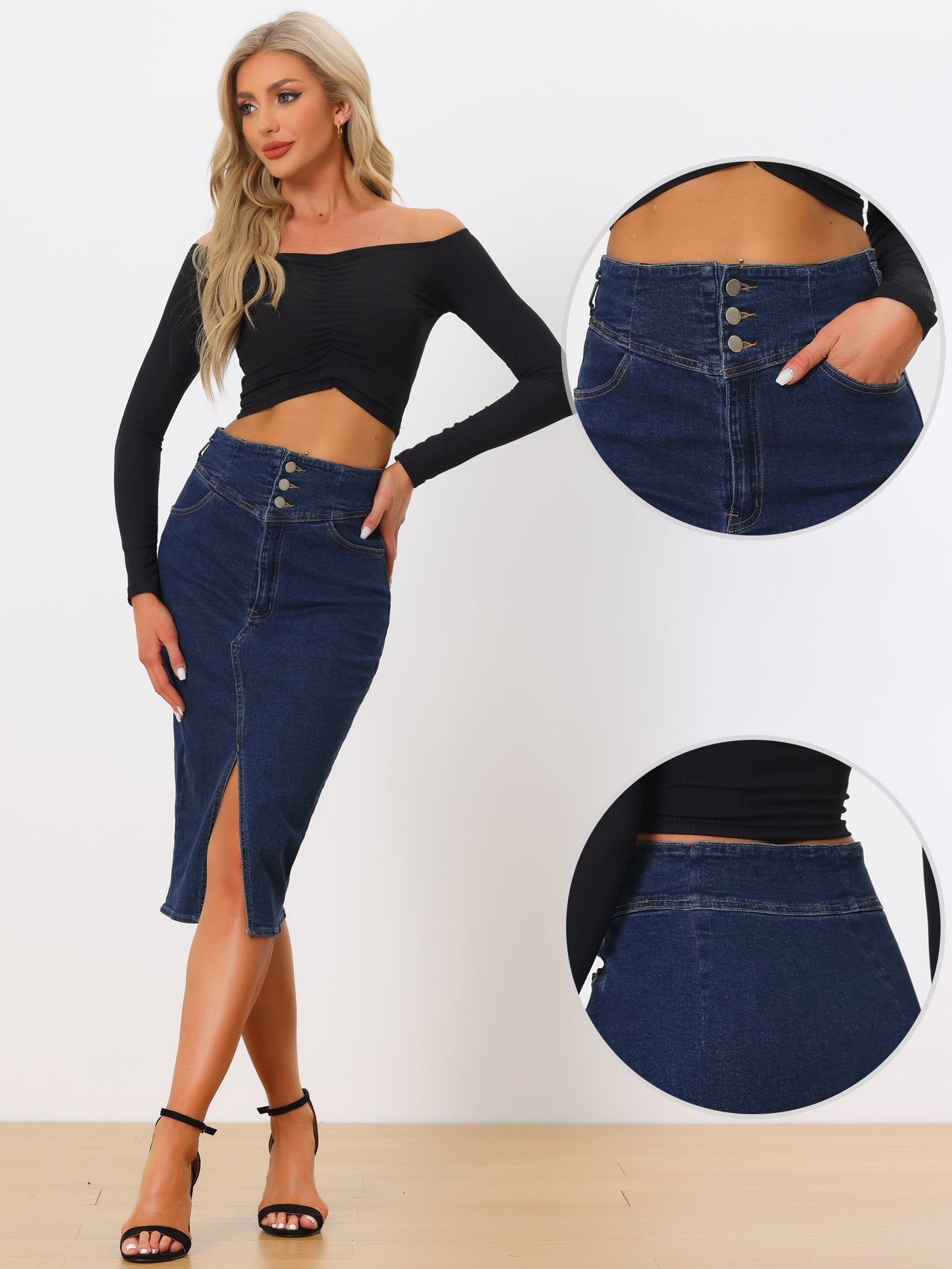 Effortless Jean Skirt for Women with High Waist Front Slit Midi Pencil Style