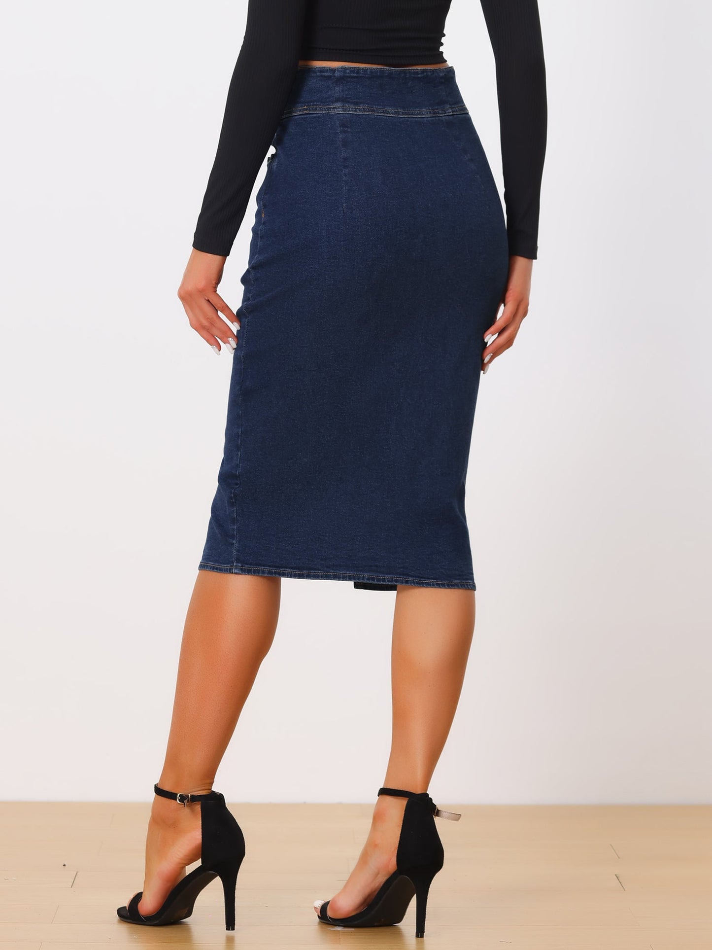 Effortless Jean Skirt for Women with High Waist Front Slit Midi Pencil Style