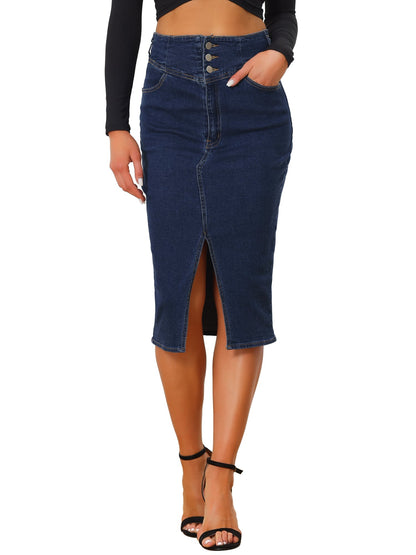 Effortless Jean Skirt for Women with High Waist Front Slit Midi Pencil Style