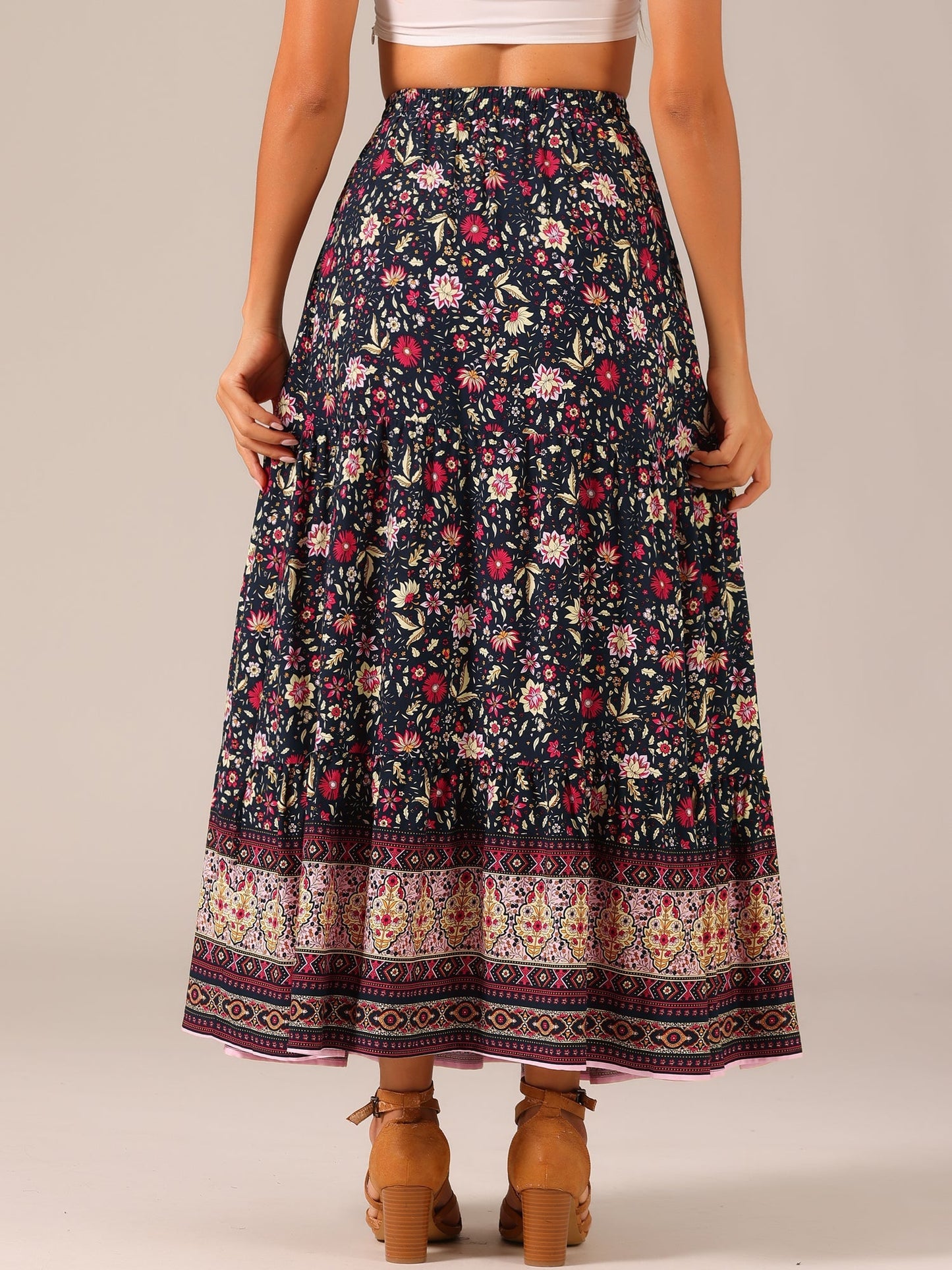 Effortless Printed Maxi Skirt for Women with High Waist Side Slit Flowing