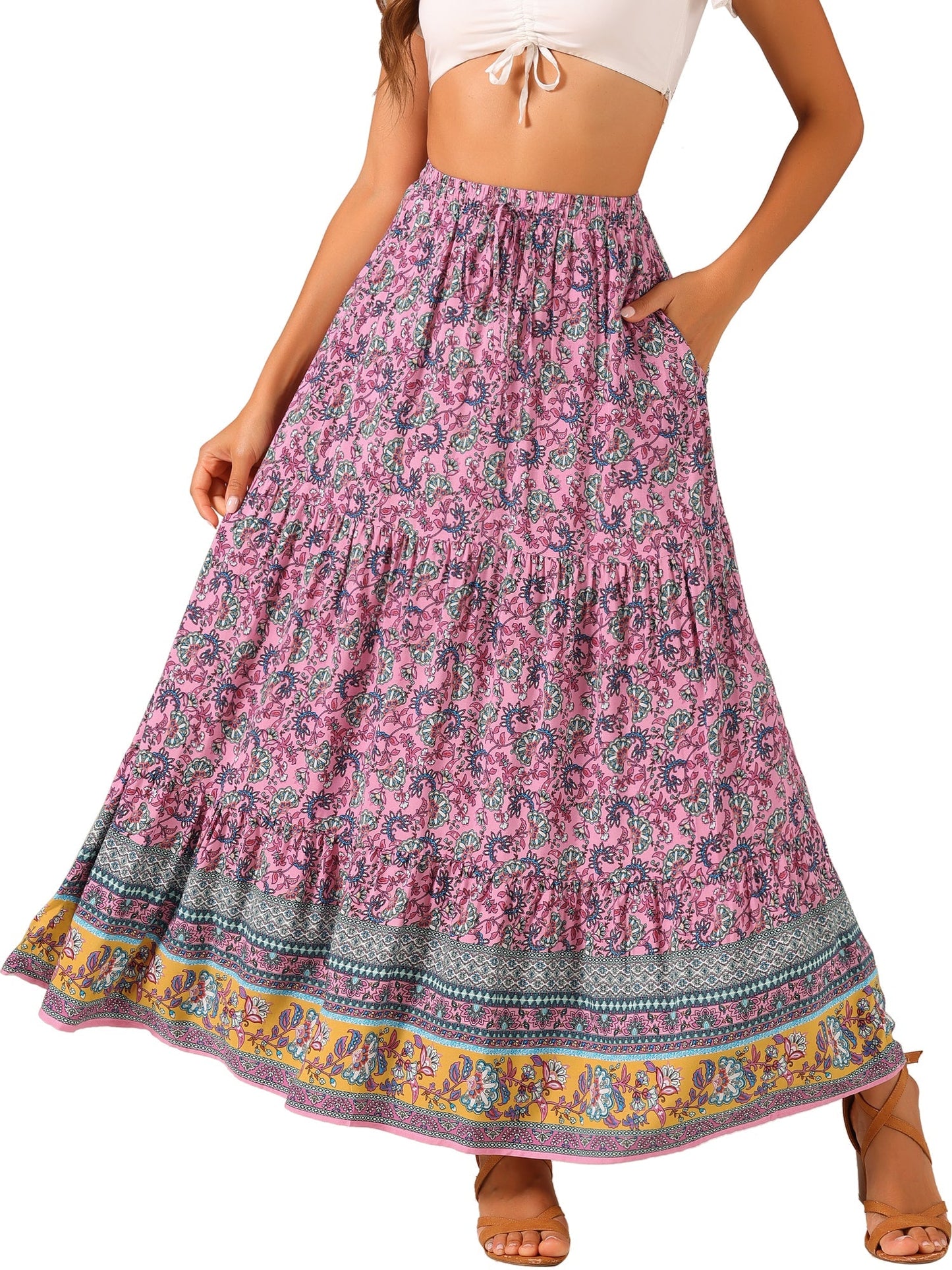 Effortless Printed Maxi Skirt for Women with High Waist Side Slit Flowing