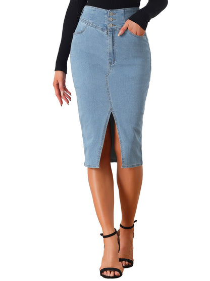 Effortless Jean Skirt for Women with High Waist Front Slit Midi Pencil Style