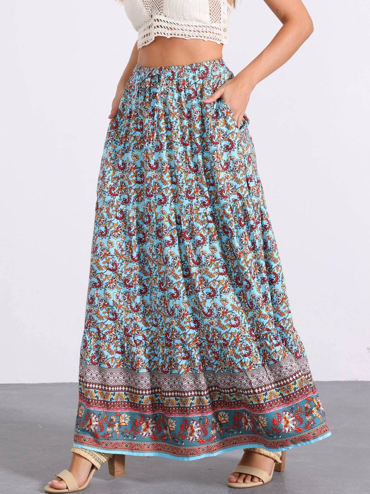 Effortless Printed Maxi Skirt for Women with High Waist Side Slit Flowing