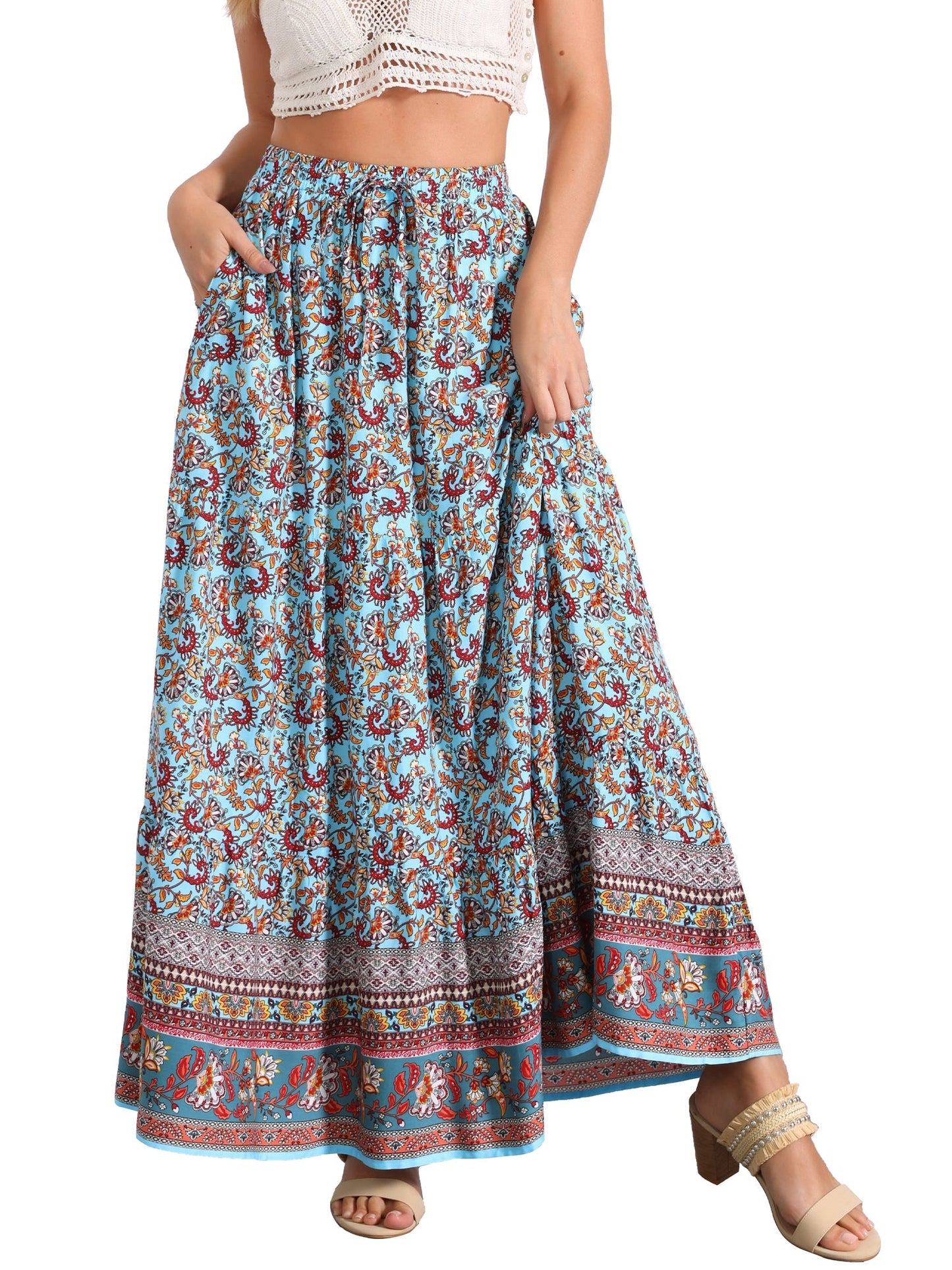 Effortless Printed Maxi Skirt for Women with High Waist Side Slit Flowing
