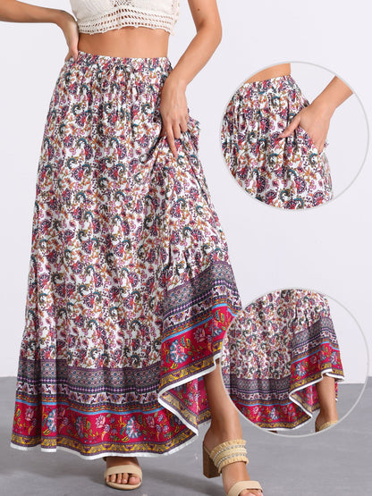 Effortless Printed Maxi Skirt for Women with High Waist Side Slit Flowing