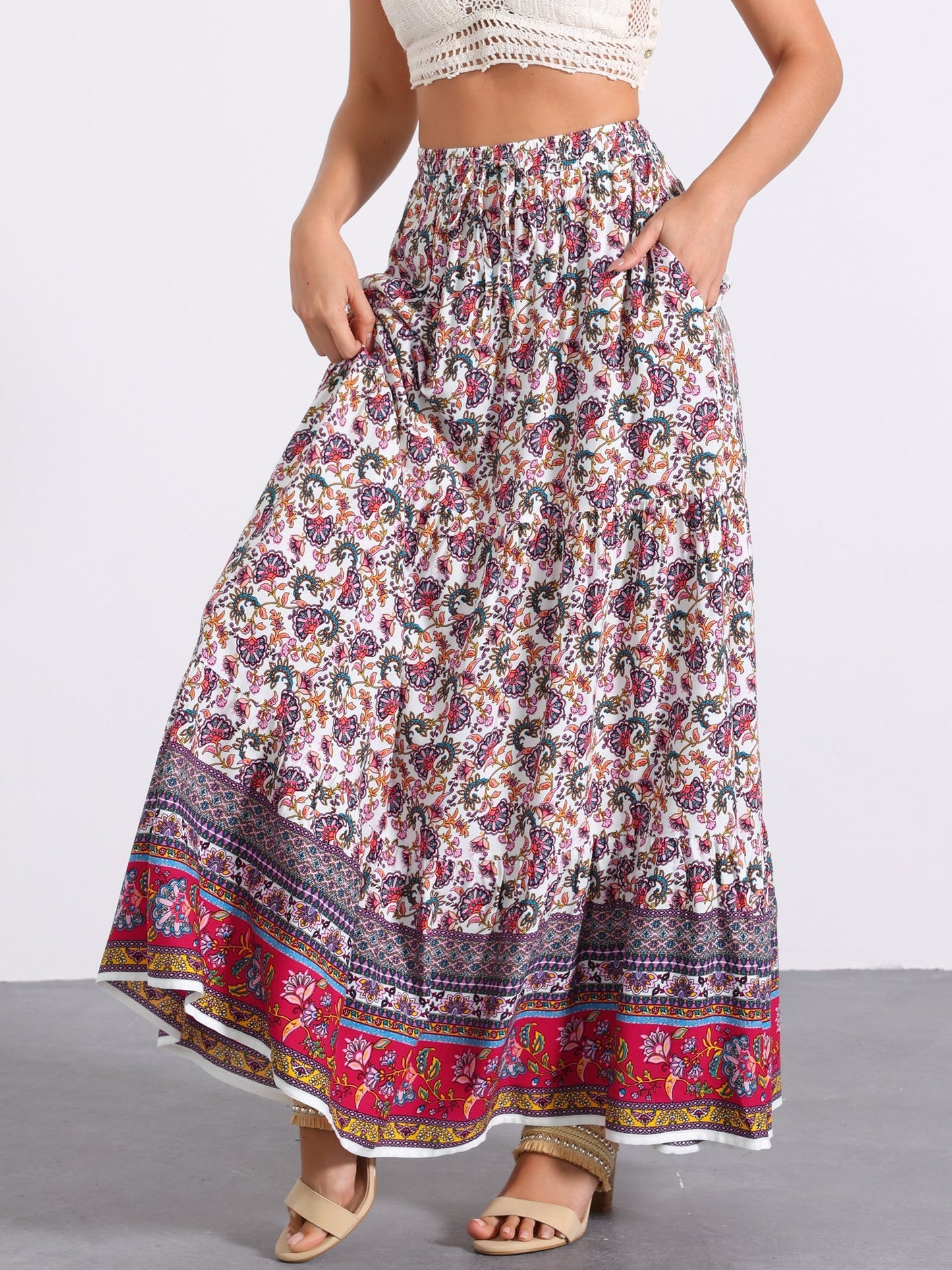 Effortless Printed Maxi Skirt for Women with High Waist Side Slit Flowing