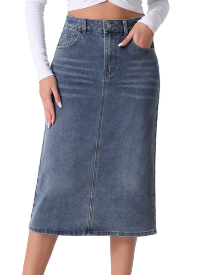 Effortless Denim Skirt for Women with High Waist Midi Straight Slit Casual Jean Style