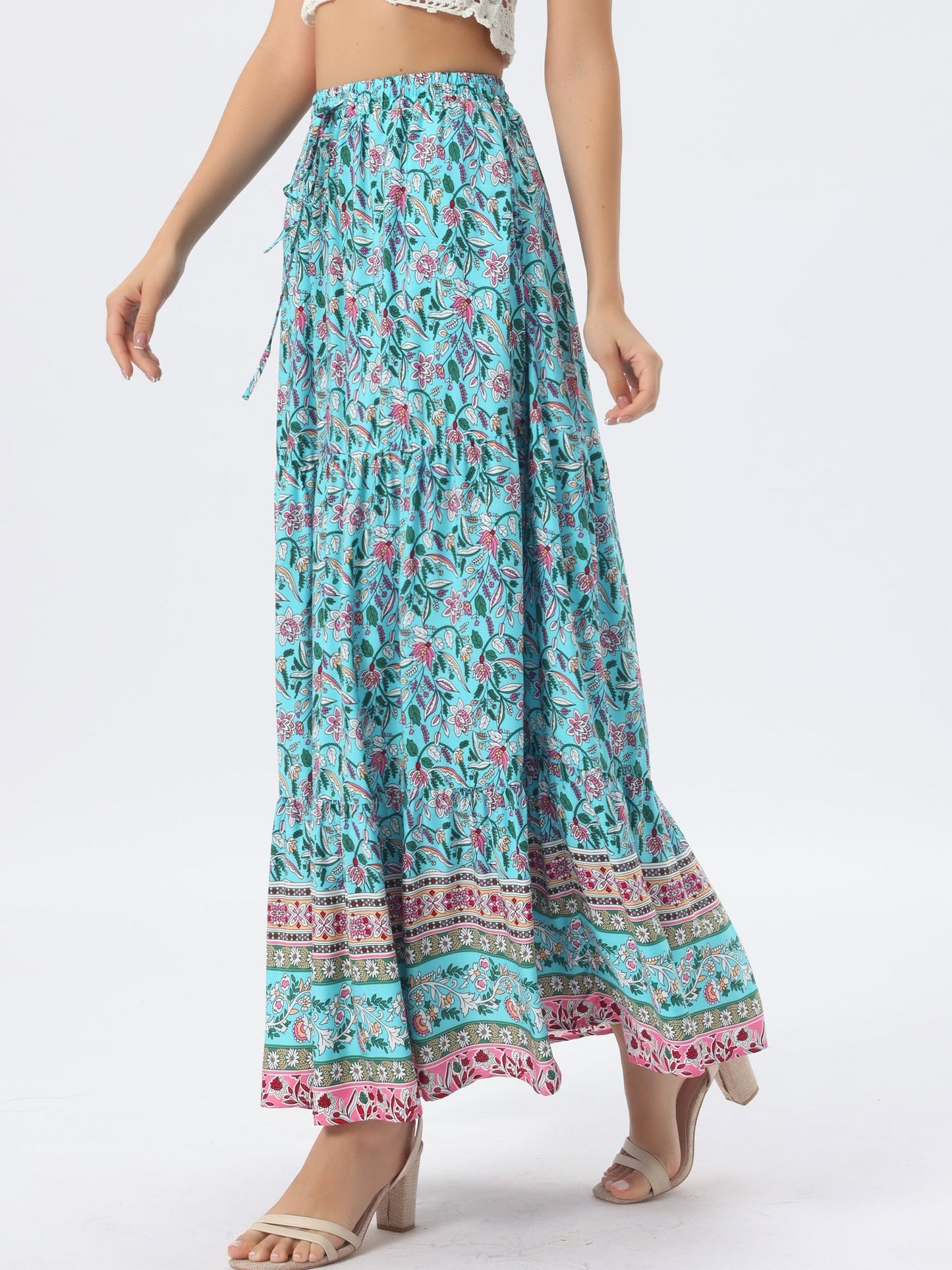 Effortless Printed Maxi Skirt for Women with High Waist Side Slit Flowing