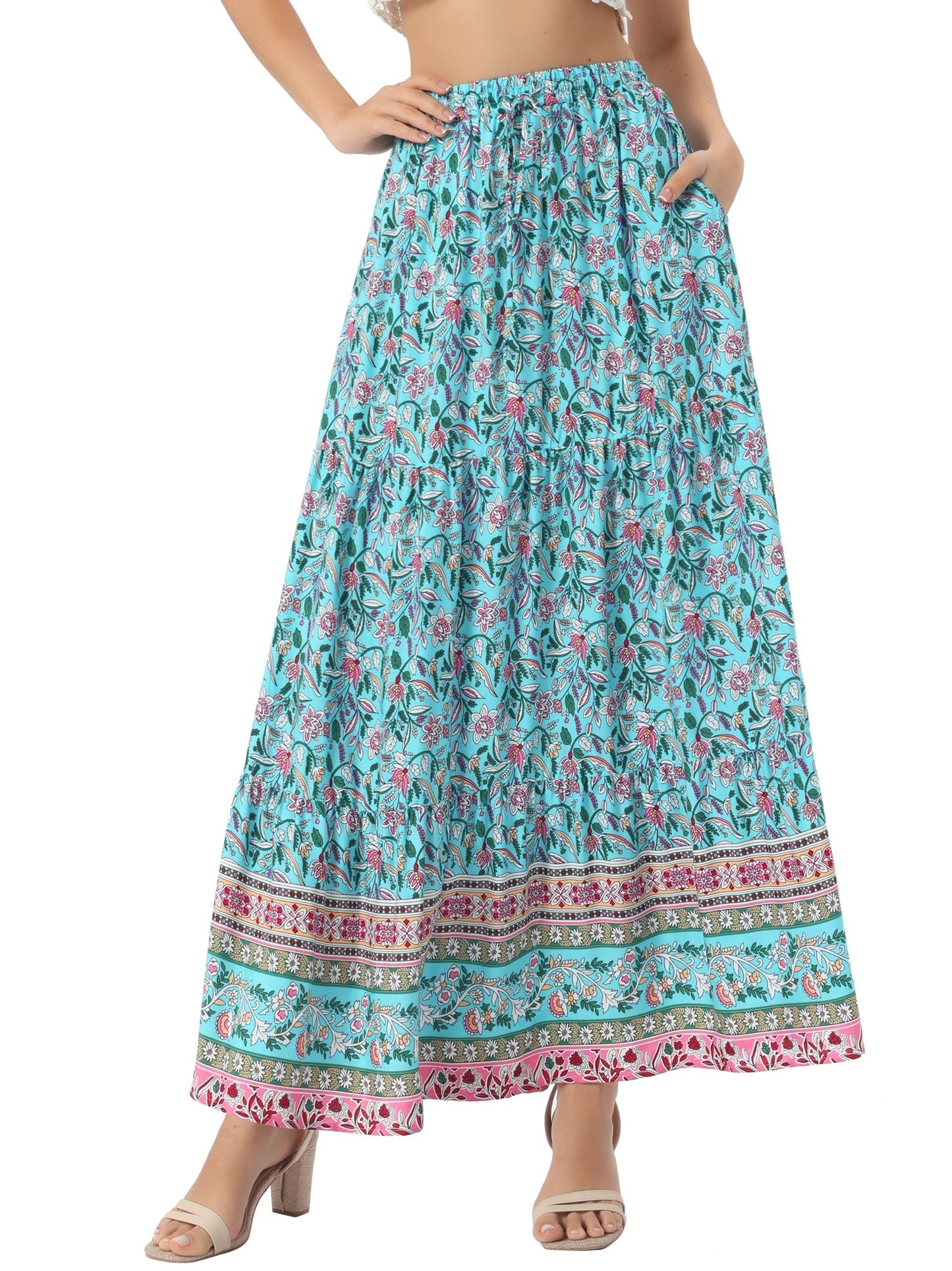 Effortless Printed Maxi Skirt for Women with High Waist Side Slit Flowing