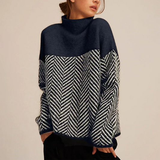 Comfortable Herringbone Colorblock Sweater for Women with Turtleneck Long Sleeve Oversized Knit Style