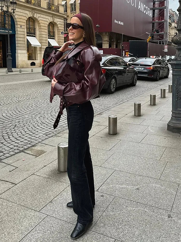 Elegant Burgundy Faux Leather Moto Jacket for Women with Notched Collar Long Sleeve Belted Oversized Style