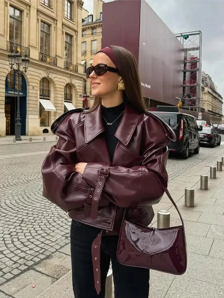 Elegant Burgundy Faux Leather Moto Jacket for Women with Notched Collar Long Sleeve Belted Oversized Style
