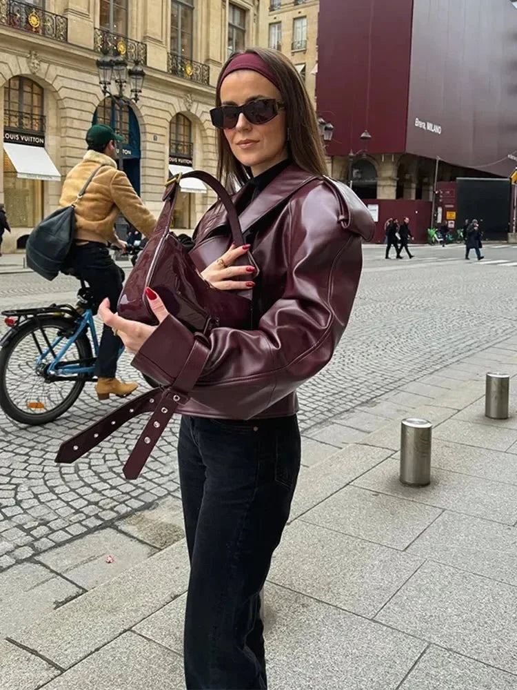 Elegant Burgundy Faux Leather Moto Jacket for Women with Notched Collar Long Sleeve Belted Oversized Style