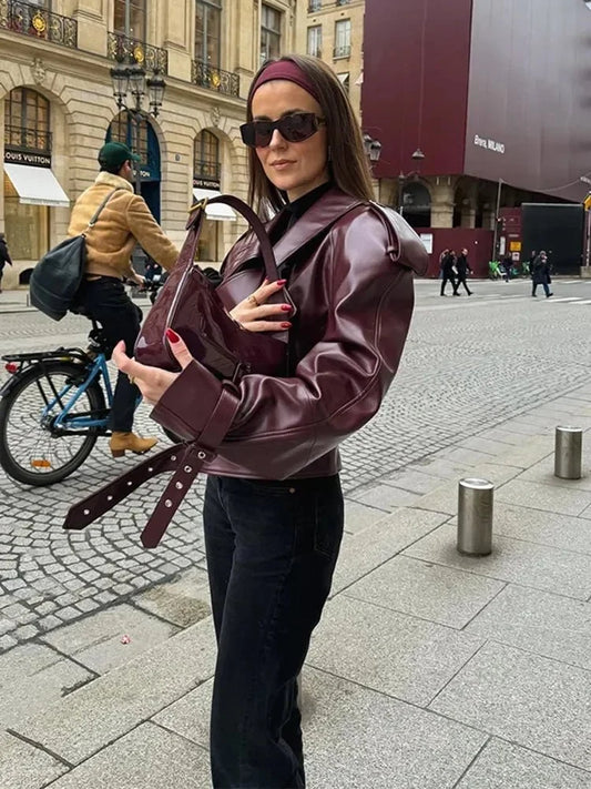 Elegant Burgundy Faux Leather Moto Jacket for Women with Notched Collar Long Sleeve Belted Oversized Style