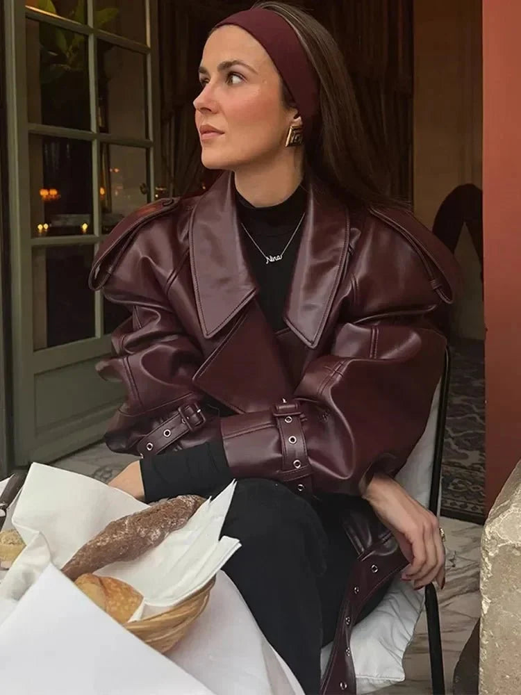 Elegant Burgundy Faux Leather Moto Jacket for Women with Notched Collar Long Sleeve Belted Oversized Style