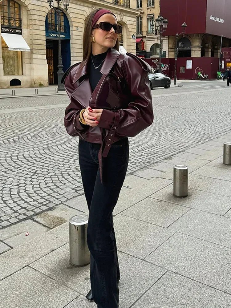 Elegant Burgundy Faux Leather Moto Jacket for Women with Notched Collar Long Sleeve Belted Oversized Style