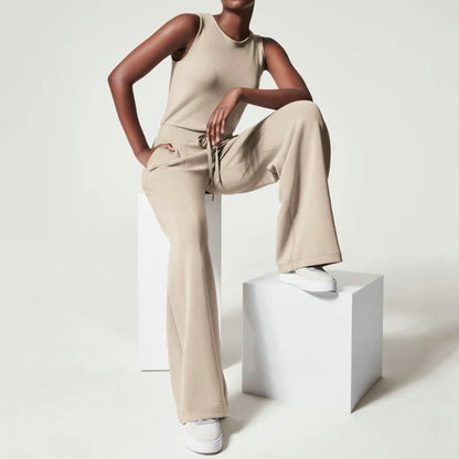 Effortless Ribbed Knit Wide Leg Set for Women with Round Neck Sleeveless Drawstring Relaxed Two Piece Style