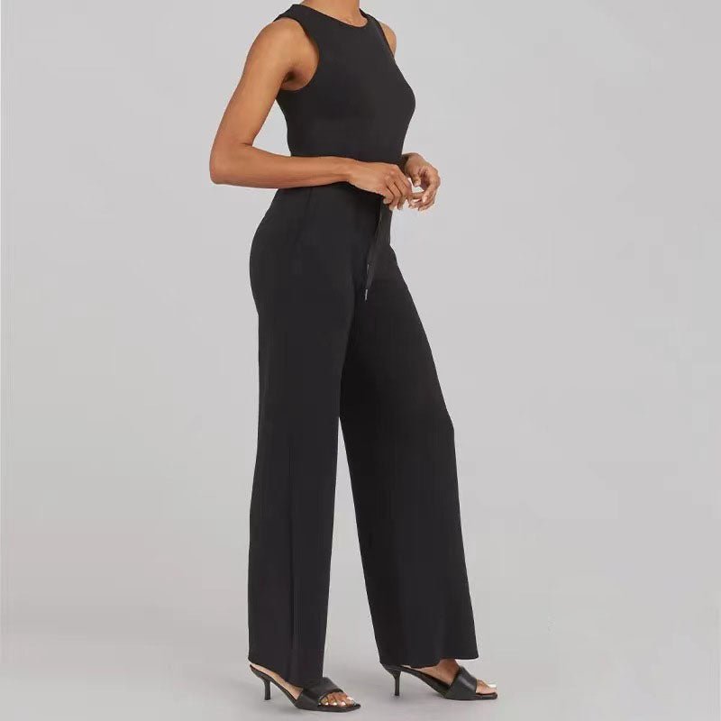 Effortless Ribbed Knit Wide Leg Set for Women with Round Neck Sleeveless Drawstring Relaxed Two Piece Style
