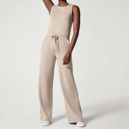 Effortless Ribbed Knit Wide Leg Set for Women with Round Neck Sleeveless Drawstring Relaxed Two Piece Style