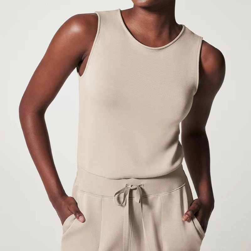 Effortless Ribbed Knit Wide Leg Set for Women with Round Neck Sleeveless Drawstring Relaxed Two Piece Style