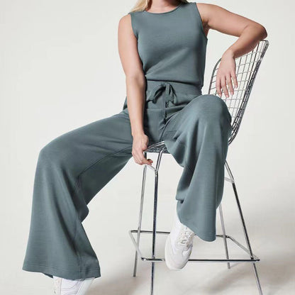Effortless Ribbed Knit Wide Leg Set for Women with Round Neck Sleeveless Drawstring Relaxed Two Piece Style