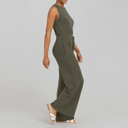 Effortless Ribbed Knit Wide Leg Set for Women with Round Neck Sleeveless Drawstring Relaxed Two Piece Style