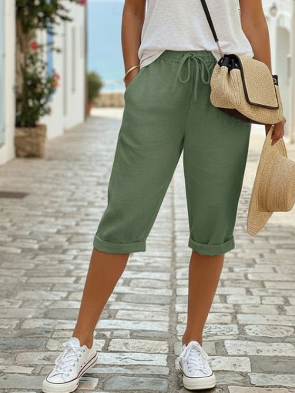 Effortless Linen Capri Pants for Women with High Waist Drawstring Rolled Cuff Relaxed Casual Style