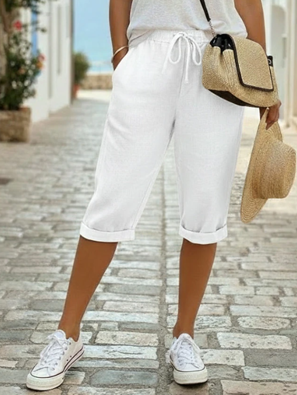 Effortless Linen Capri Pants for Women with High Waist Drawstring Rolled Cuff Relaxed Casual Style