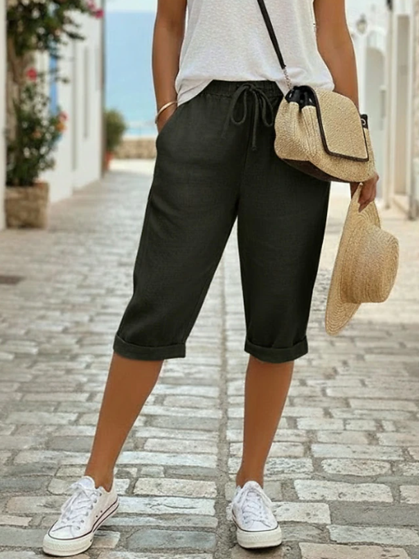 Effortless Linen Capri Pants for Women with High Waist Drawstring Rolled Cuff Relaxed Casual Style
