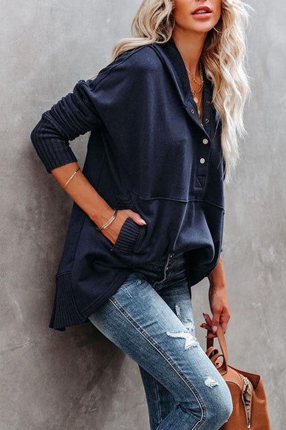 Comfortable Snap Button Henley Hoodie for Women with Hooded Long Sleeve Ribbed Cuff Relaxed Style
