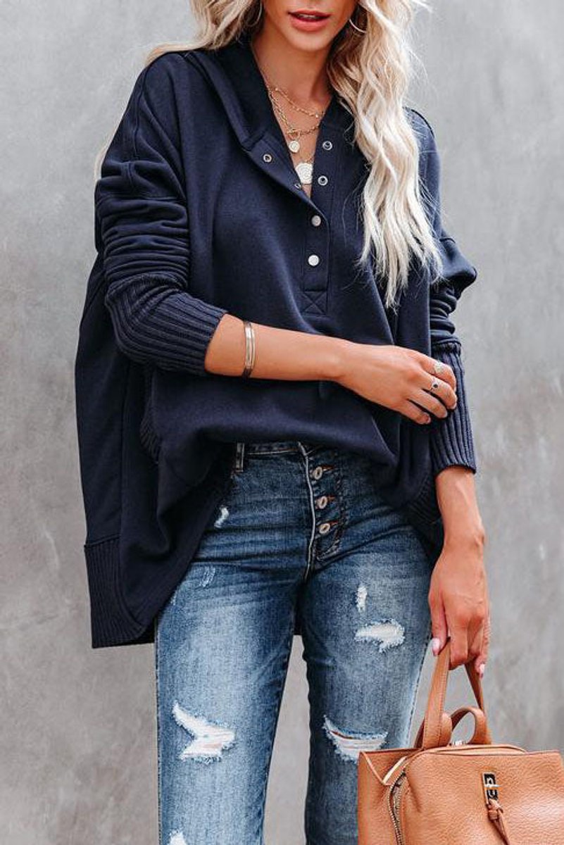 Comfortable Snap Button Henley Hoodie for Women with Hooded Long Sleeve Ribbed Cuff Relaxed Style
