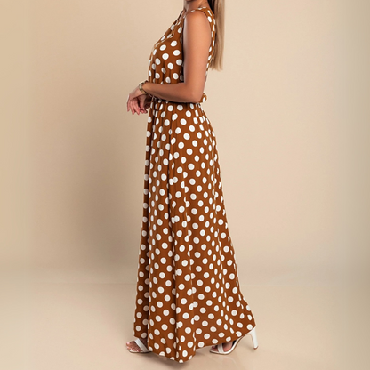 Effortless Polka Dot Maxi Dress for Women with Round Neck Sleeveless Elastic Waist Flowing Style