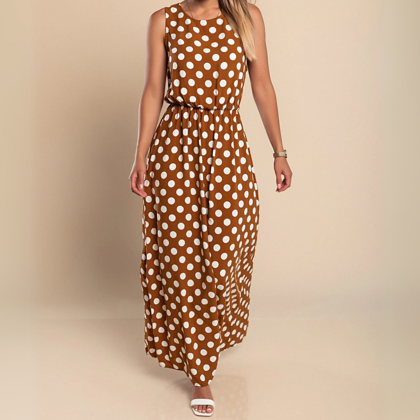 Effortless Polka Dot Maxi Dress for Women with Round Neck Sleeveless Elastic Waist Flowing Style