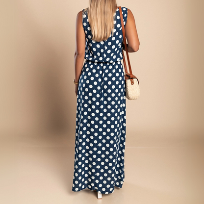Effortless Polka Dot Maxi Dress for Women with Round Neck Sleeveless Elastic Waist Flowing Style