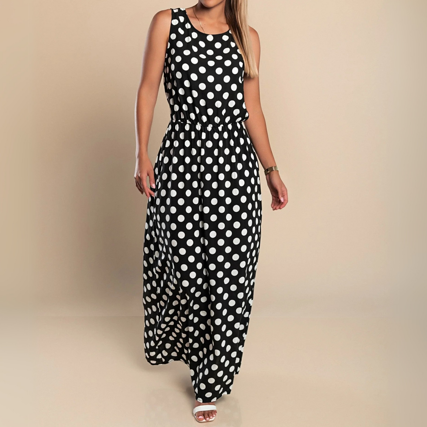 Effortless Polka Dot Maxi Dress for Women with Round Neck Sleeveless Elastic Waist Flowing Style