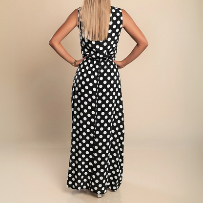 Effortless Polka Dot Maxi Dress for Women with Round Neck Sleeveless Elastic Waist Flowing Style