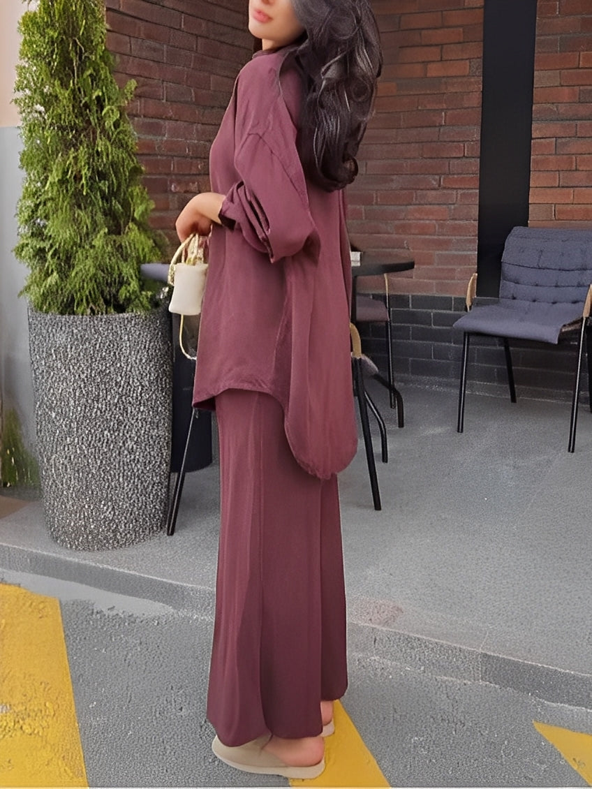 Effortless Burgundy Two Piece Set for Women with Button Up Tie Waist Long Sleeve Column Skirt Style