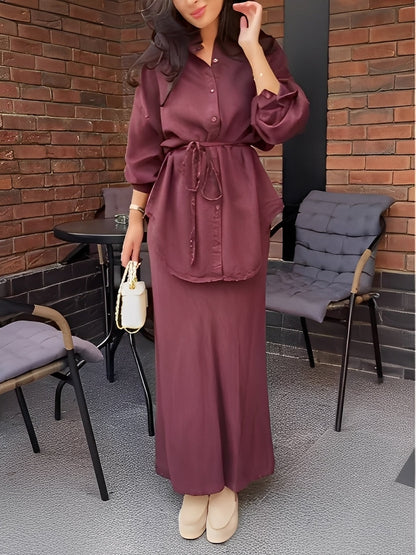 Effortless Burgundy Two Piece Set for Women with Button Up Tie Waist Long Sleeve Column Skirt Style