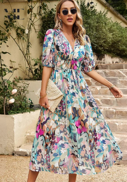 Elegant Floral Midi Dress for Women with V Neck Puff Sleeve Tiered Skirt Formal Wedding Guest Style