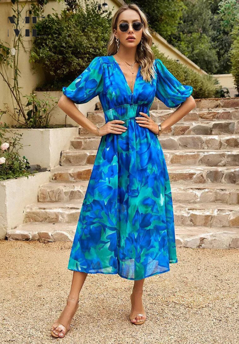 Elegant Floral Midi Dress for Women with V Neck Puff Sleeve Tiered Skirt Formal Wedding Guest Style