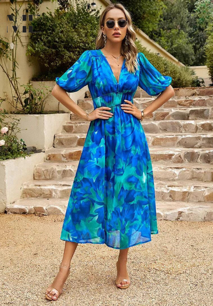 Elegant Floral Midi Dress for Women with V Neck Puff Sleeve Tiered Skirt Formal Wedding Guest Style