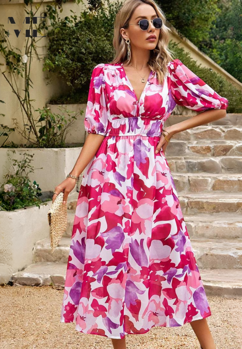Elegant Floral Midi Dress for Women with V Neck Puff Sleeve Tiered Skirt Formal Wedding Guest Style