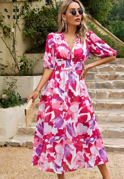 Elegant Floral Midi Dress for Women with V Neck Puff Sleeve Tiered Skirt Formal Wedding Guest Style