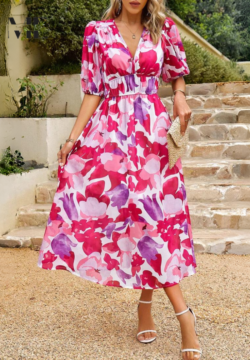 Elegant Floral Midi Dress for Women with V Neck Puff Sleeve Tiered Skirt Formal Wedding Guest Style